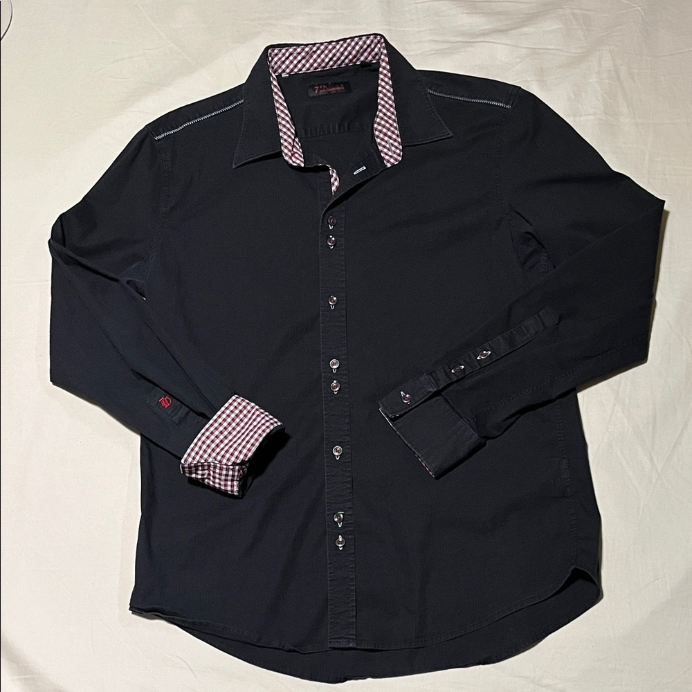 7 Diamonds Black Casual Button Down Shirt with Red Accents
